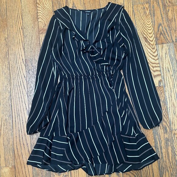 Express Long Sleeved Black and White Striped Ruffle Mock Wrap Dress - XS - Picture 2 of 4